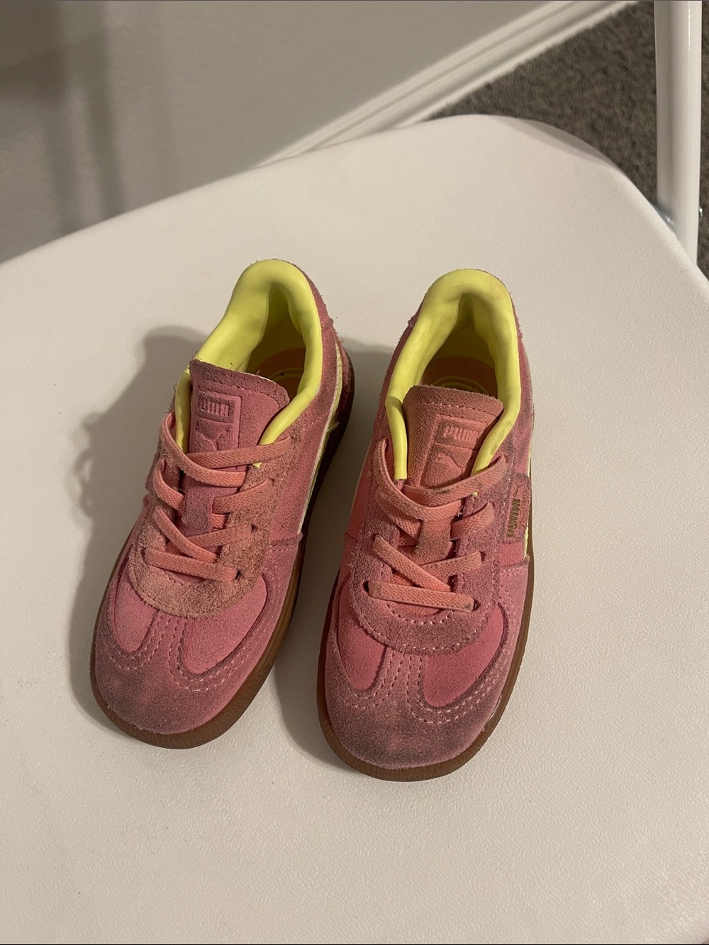 Puma Kids Pink Suede Sneakers with Yellow Lining